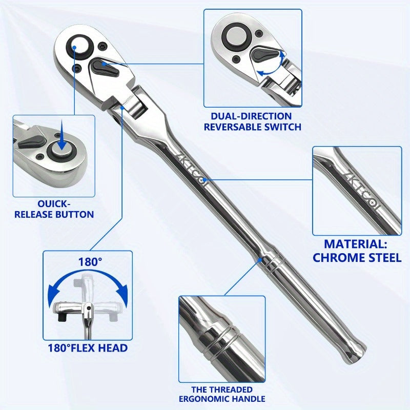 10PC Flex Head Ratchet Set - Adjustable Swivel Head Ratchet Wrench with Extension Bar for 1/4", 3/8", 1/2" Drive - Versatile and Durable Tool for Automotive, Industrial and Home Use