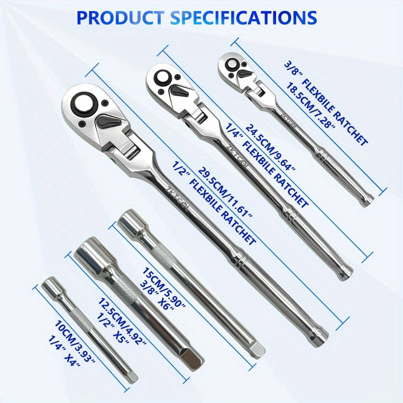 10PC Flex Head Ratchet Set - Adjustable Swivel Head Ratchet Wrench with Extension Bar for 1/4", 3/8", 1/2" Drive - Versatile and Durable Tool for Automotive, Industrial and Home Use