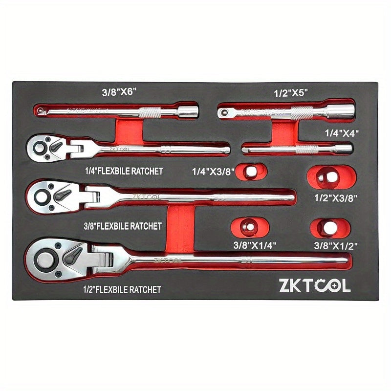 10PC Flex Head Ratchet Set - Adjustable Swivel Head Ratchet Wrench with Extension Bar for 1/4", 3/8", 1/2" Drive - Versatile and Durable Tool for Automotive, Industrial and Home Use