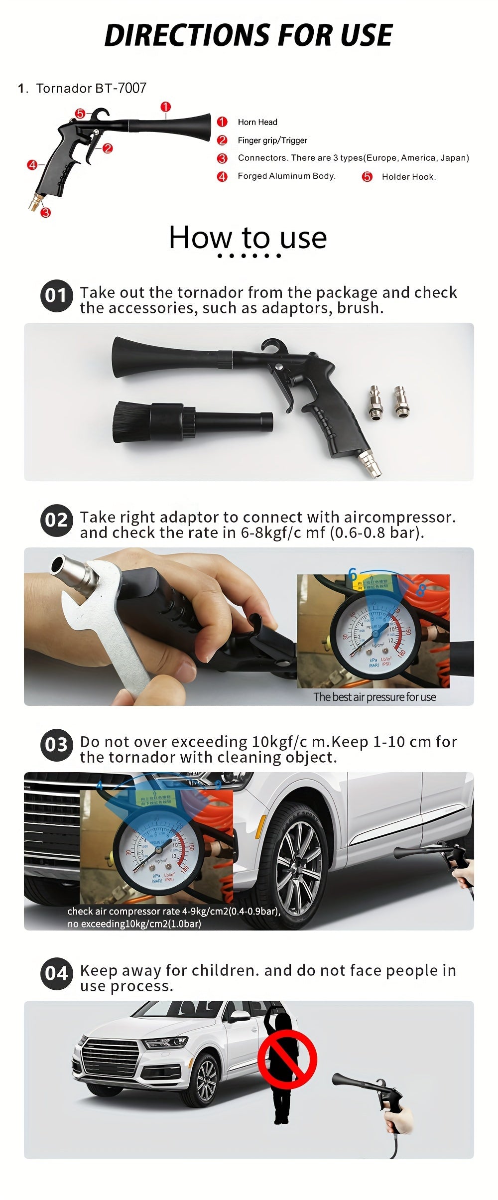 MARFLO Tornado Car Cleaning Gun with 3 Nozzle Attachments,