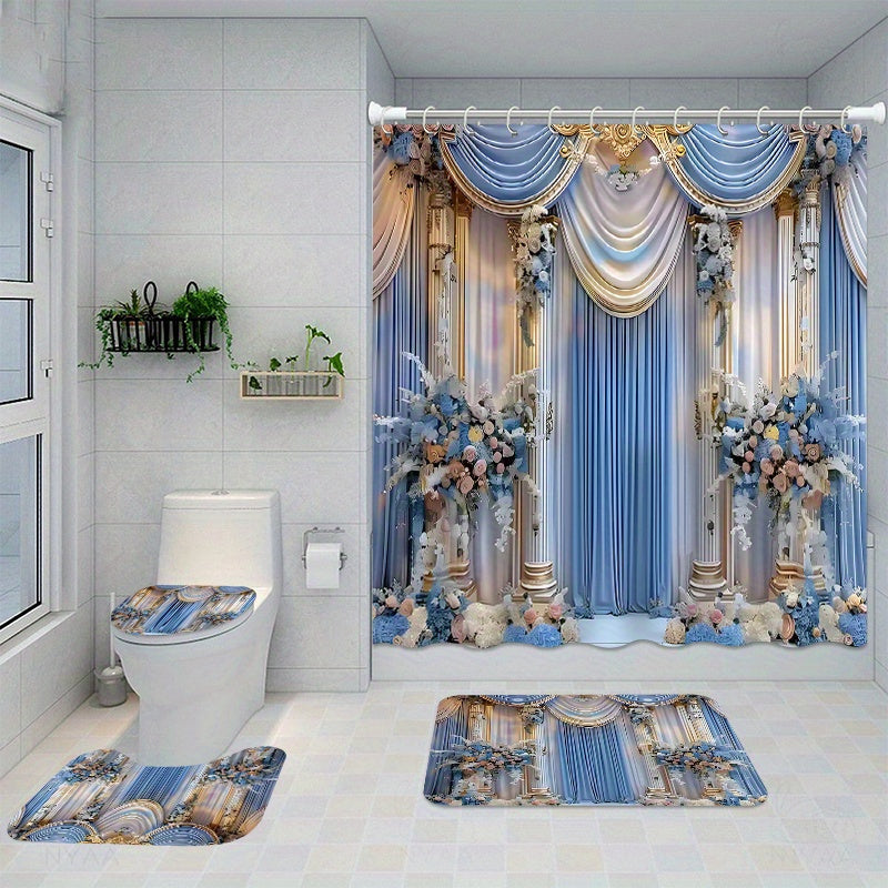 1Pc/4Pcs Waterproof Bathroom Shower Curtain Set with 12 Hooks Toilet Seat Bath Mats And Rugs Non-Slip Carpet Toilet Covers Polyester Fabric Washable Curtain Bathroom Accessories (Open JIT)