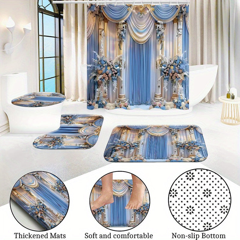 1Pc/4Pcs Waterproof Bathroom Shower Curtain Set with 12 Hooks Toilet Seat Bath Mats And Rugs Non-Slip Carpet Toilet Covers Polyester Fabric Washable Curtain Bathroom Accessories (Open JIT)