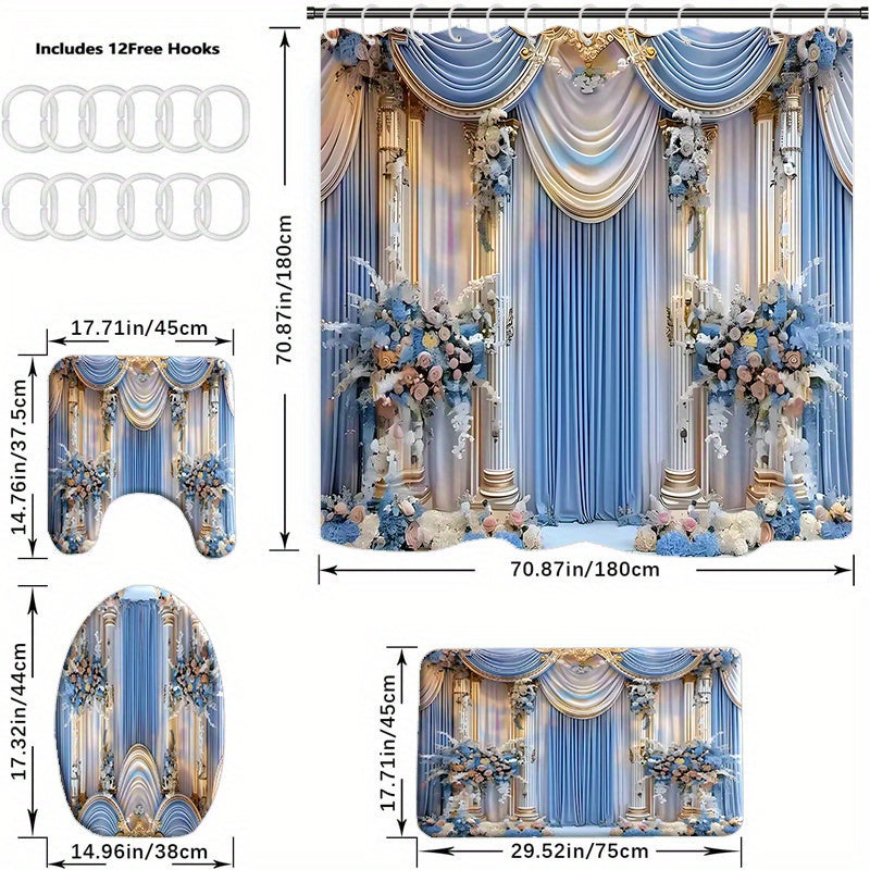 1Pc/4Pcs Waterproof Bathroom Shower Curtain Set with 12 Hooks Toilet Seat Bath Mats And Rugs Non-Slip Carpet Toilet Covers Polyester Fabric Washable Curtain Bathroom Accessories (Open JIT)