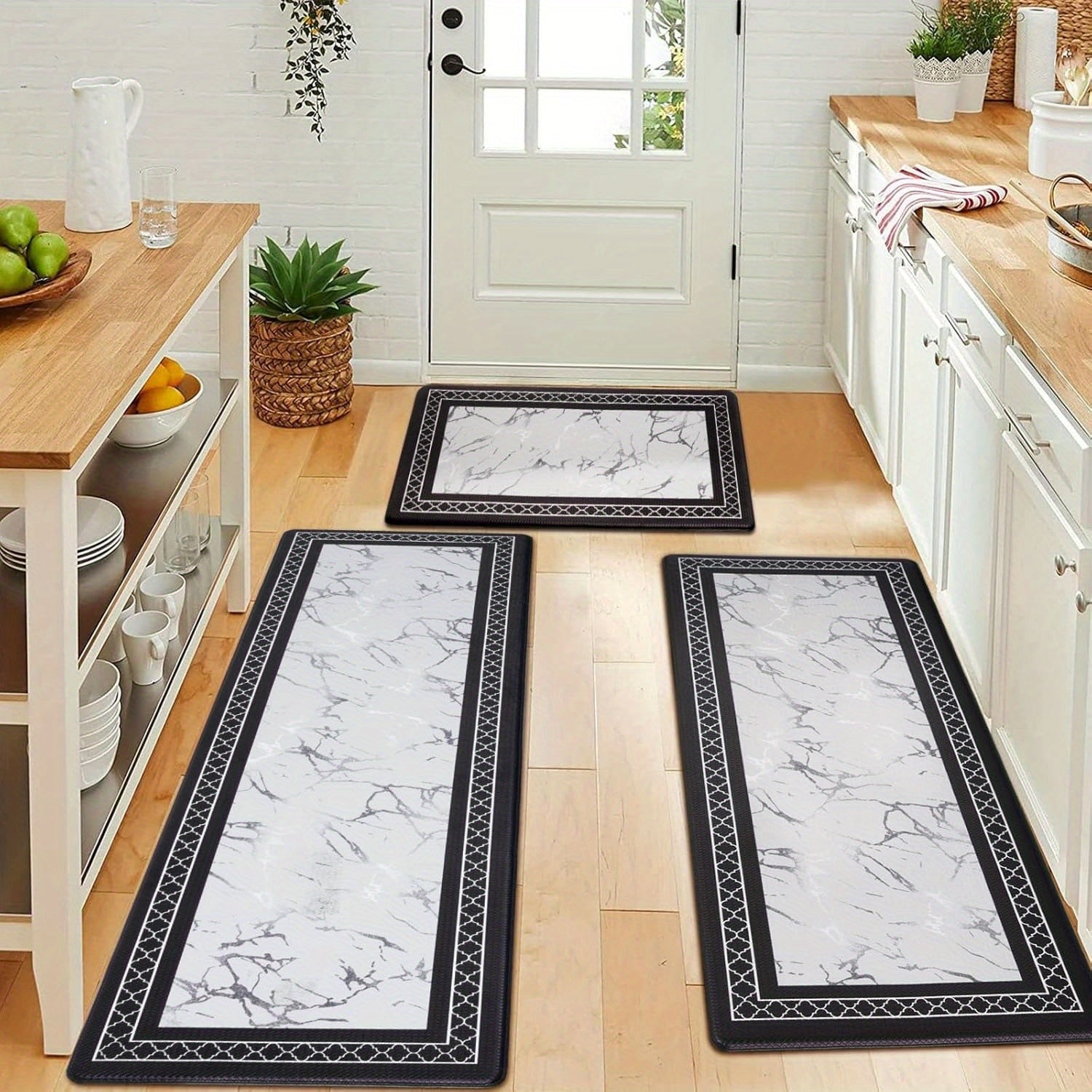 3pcs Kitchen Mat Set with Runner, Marble Kitchen Rugs And Mats Non Skid Washable, Kitchen Runner Mat Floor Mats, ASPMIZ