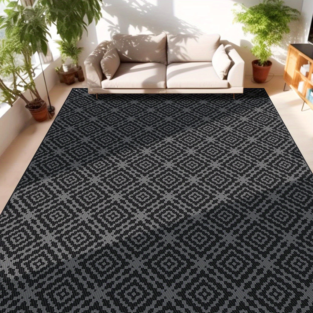 9'x12' Waterproof Reversible Outdoor Rug for Patio, Plastic Mat, Black & Gray, Camping Rugs, Rv, Porch, Deck, Camper, Balcony, Backyard