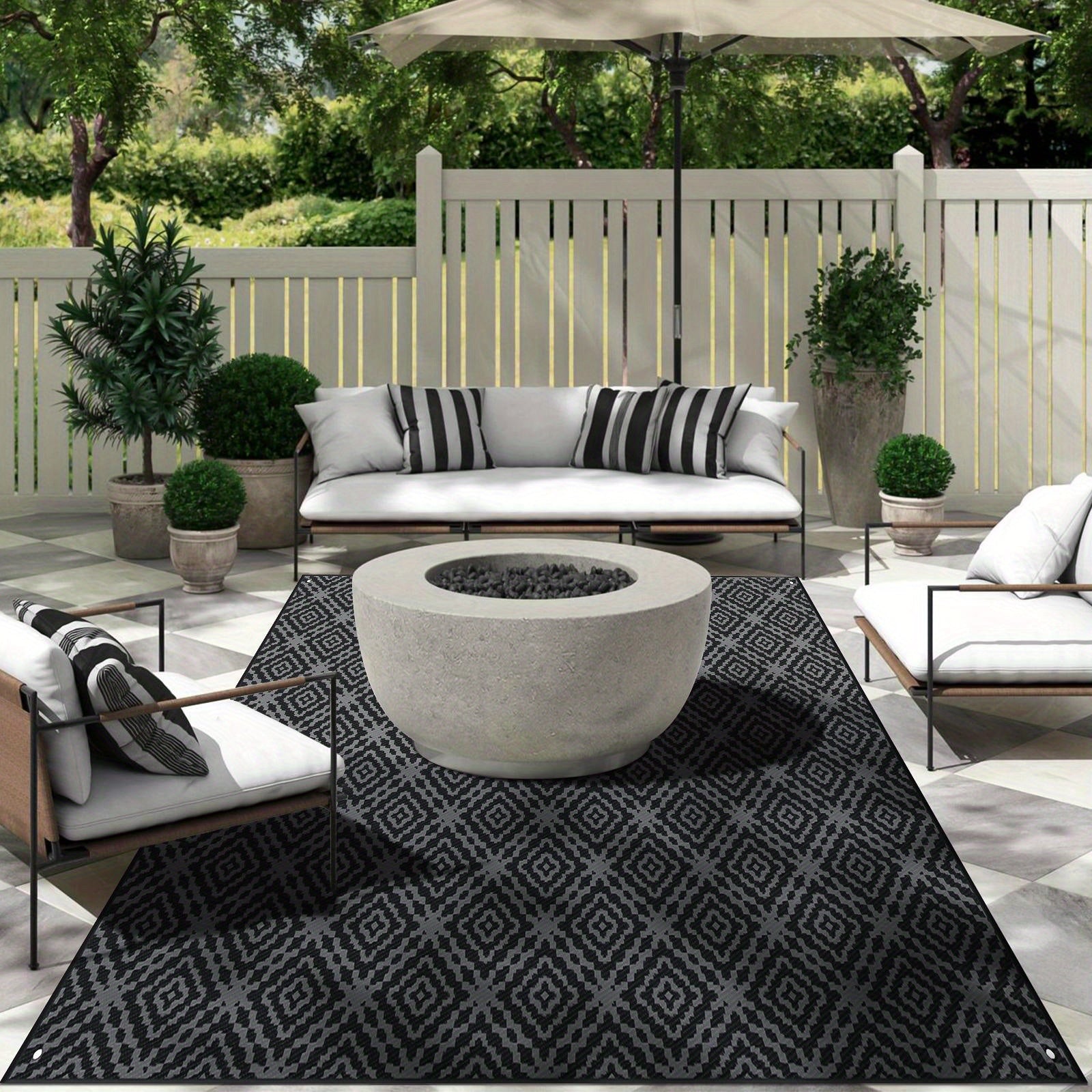 9'x12' Waterproof Reversible Outdoor Rug for Patio, Plastic Mat, Black & Gray, Camping Rugs, Rv, Porch, Deck, Camper, Balcony, Backyard