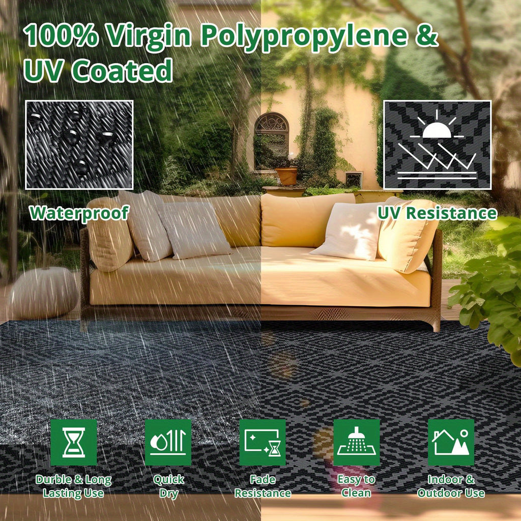 9'x12' Waterproof Reversible Outdoor Rug for Patio, Plastic Mat, Black & Gray, Camping Rugs, Rv, Porch, Deck, Camper, Balcony, Backyard