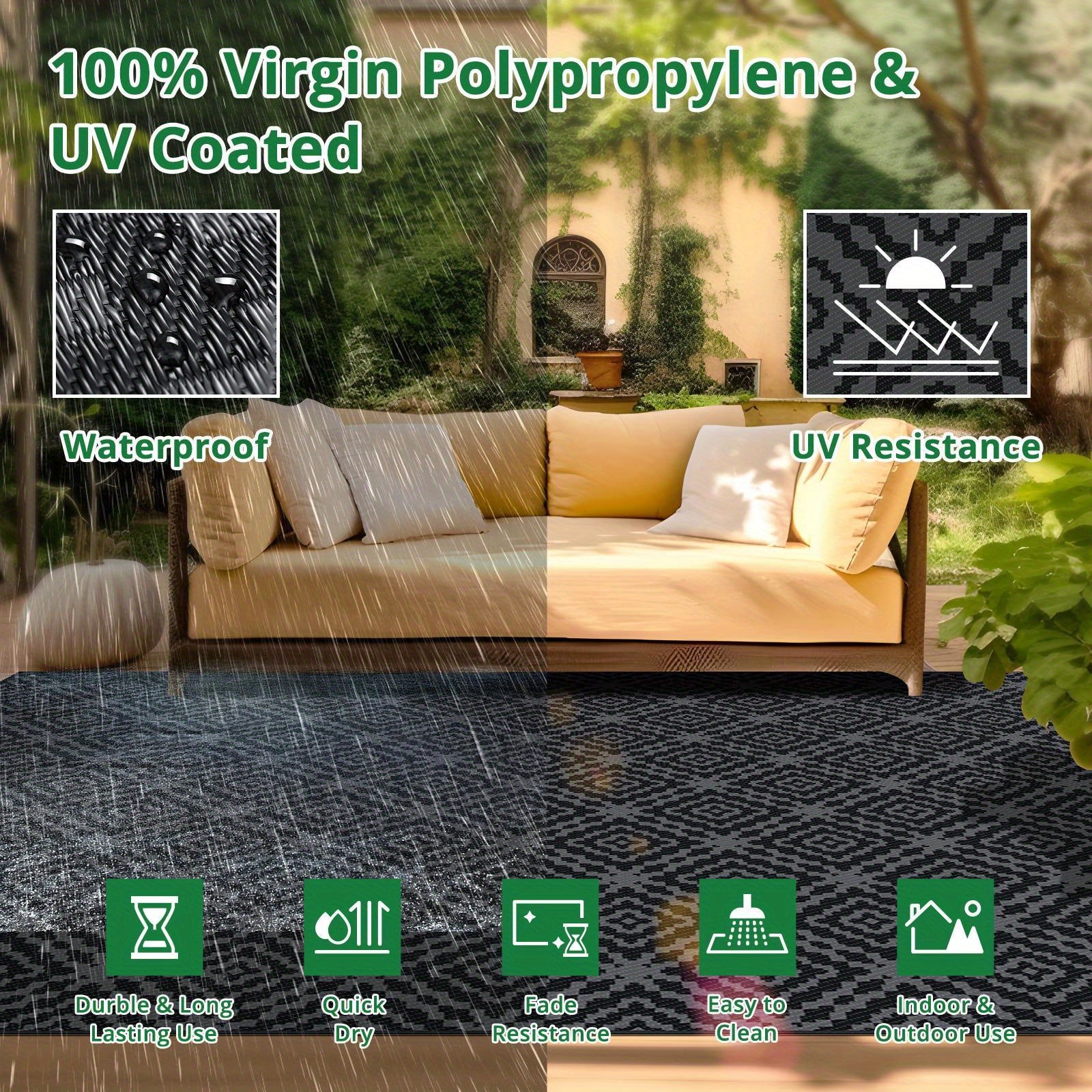 9'x12' Waterproof Reversible Outdoor Rug for Patio, Plastic Mat, Black & Gray, Camping Rugs, Rv, Porch, Deck, Camper, Balcony, Backyard