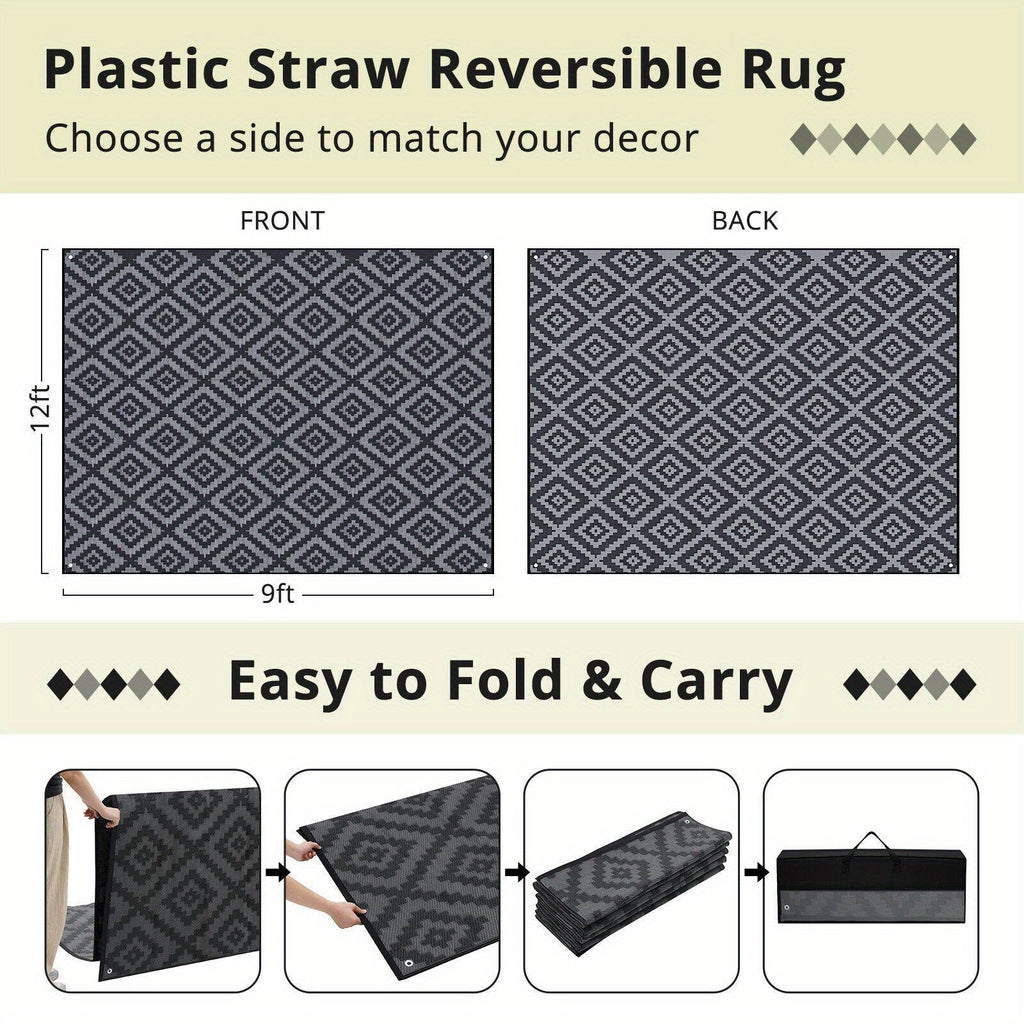 9'x12' Waterproof Reversible Outdoor Rug for Patio, Plastic Mat, Black & Gray, Camping Rugs, Rv, Porch, Deck, Camper, Balcony, Backyard