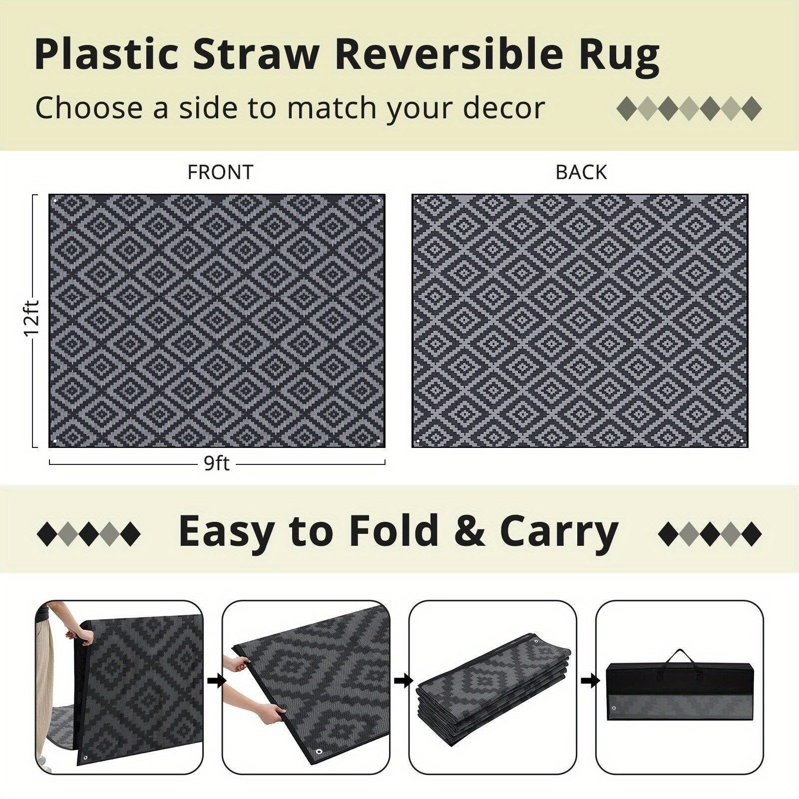 9'x12' Waterproof Reversible Outdoor Rug for Patio, Plastic Mat, Black & Gray, Camping Rugs, Rv, Porch, Deck, Camper, Balcony, Backyard