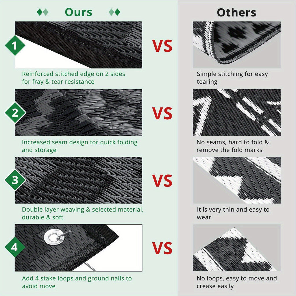 9'x12' Waterproof Reversible Outdoor Rug for Patio, Plastic Mat, Black & Gray, Camping Rugs, Rv, Porch, Deck, Camper, Balcony, Backyard