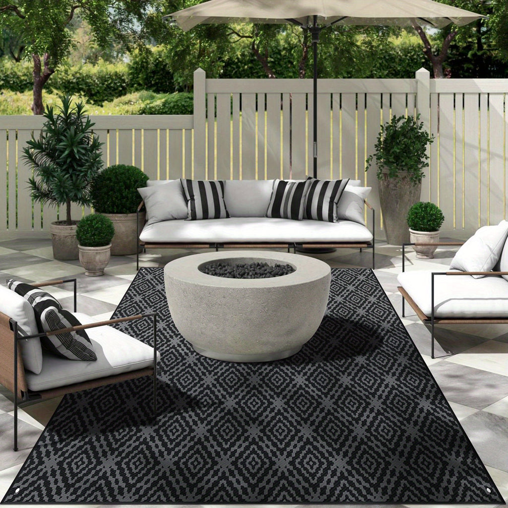9'x12' Waterproof Reversible Outdoor Rug for Patio, Plastic Mat, Black & Gray, Camping Rugs, Rv, Porch, Deck, Camper, Balcony, Backyard