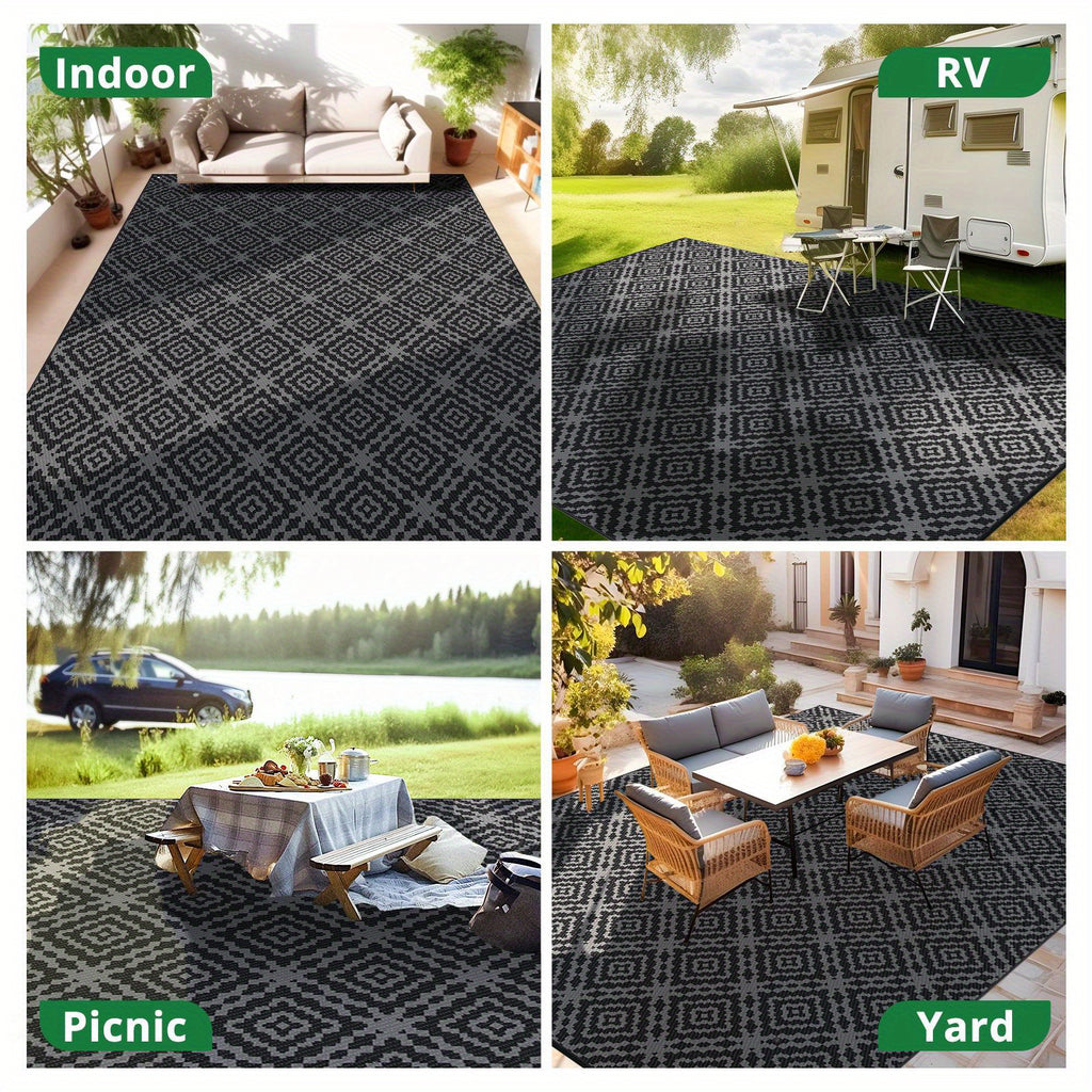 9'x12' Waterproof Reversible Outdoor Rug for Patio, Plastic Mat, Black & Gray, Camping Rugs, Rv, Porch, Deck, Camper, Balcony, Backyard