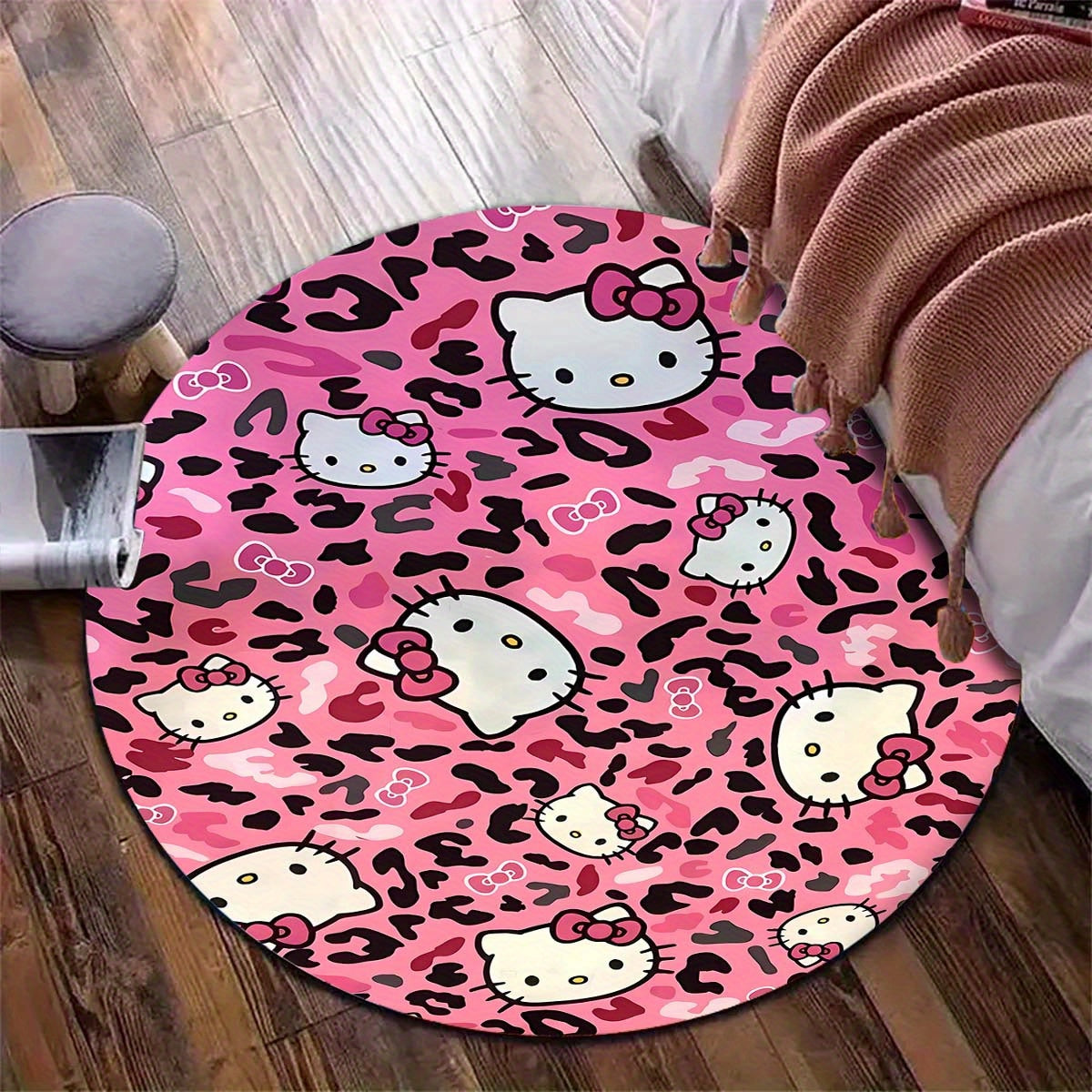 Sanrio Hello Kitty Leopard Print Round Rug - Soft Polyester Decorative Mat for Bedroom, Home Office, or Gift, 800g/m² Crystal Velvet, Pink with White Spots and Hearts Design, Rugs for Bedroom