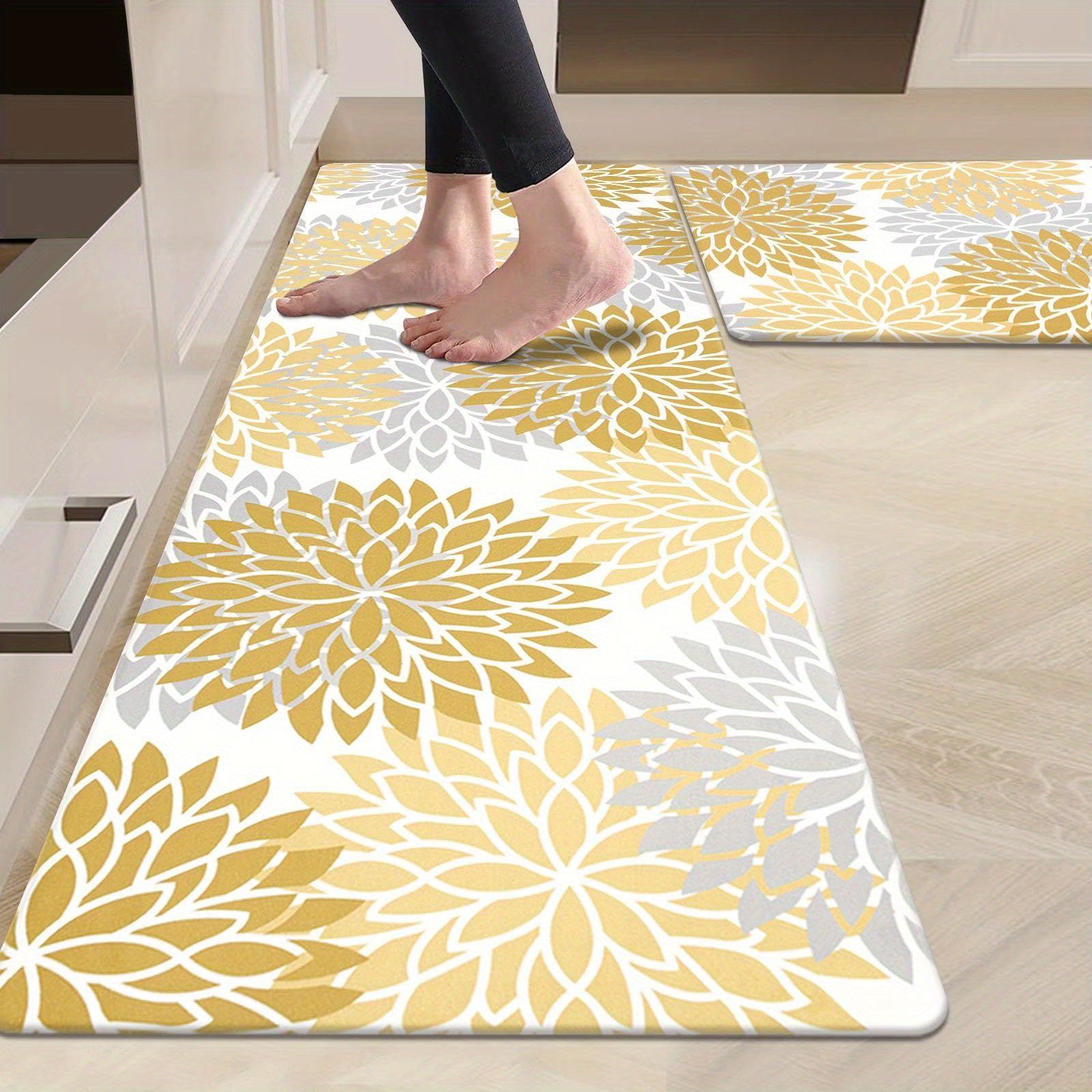 1pc Non-Slip Kitchen Mat – Cushioned Floor Mat with Stylish Golden Floral Pattern for Kitchen, Home Office, Sink, and Laundry Room, Kitchen Comfort Mat | Modern Home Accessory | Rubber Backed Mat, Kitchen Rugs