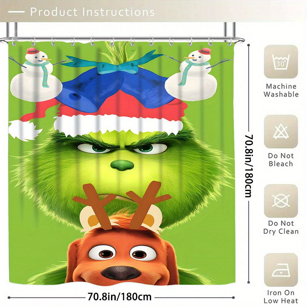 Green-Haired Monster Christmas Bathroom Set with 12 Hooks - Polyester Fiber Outdoor Bathing Set, Waterproof Bath Tub Accessory, Non-Slip Rugs, Toilet Lid Cover & U-Shaped Mat - Universal Fit, Ideal for Home Decor & Seasonal G
