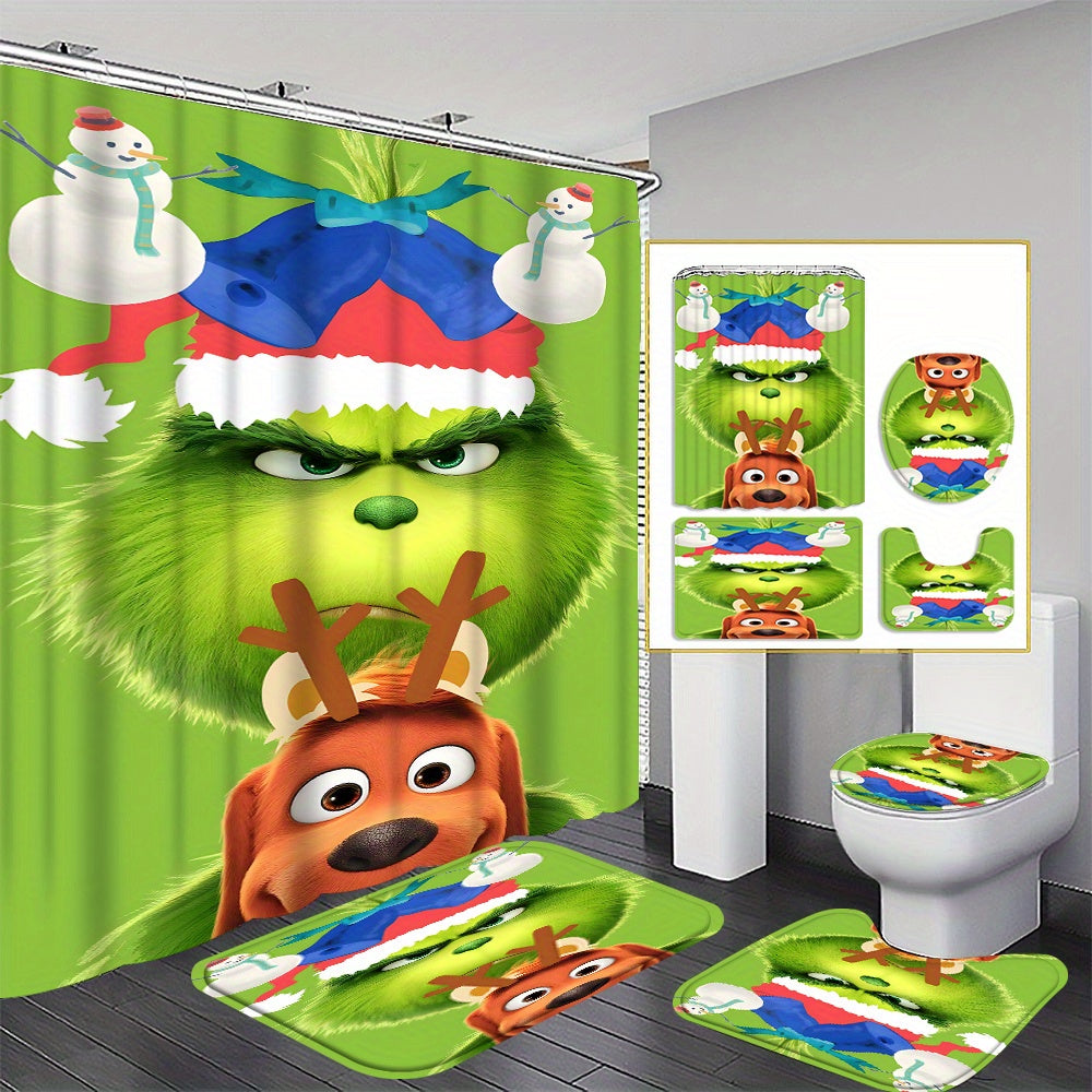 Green-Haired Monster Christmas Bathroom Set with 12 Hooks - Polyester Fiber Outdoor Bathing Set, Waterproof Bath Tub Accessory, Non-Slip Rugs, Toilet Lid Cover & U-Shaped Mat - Universal Fit, Ideal for Home Decor & Seasonal G