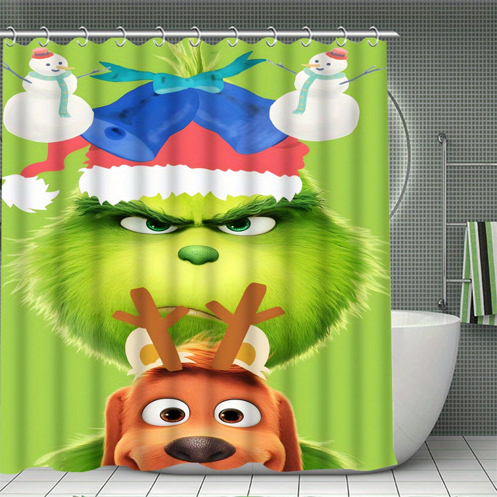 Green-Haired Monster Christmas Bathroom Set with 12 Hooks - Polyester Fiber Outdoor Bathing Set, Waterproof Bath Tub Accessory, Non-Slip Rugs, Toilet Lid Cover & U-Shaped Mat - Universal Fit, Ideal for Home Decor & Seasonal G