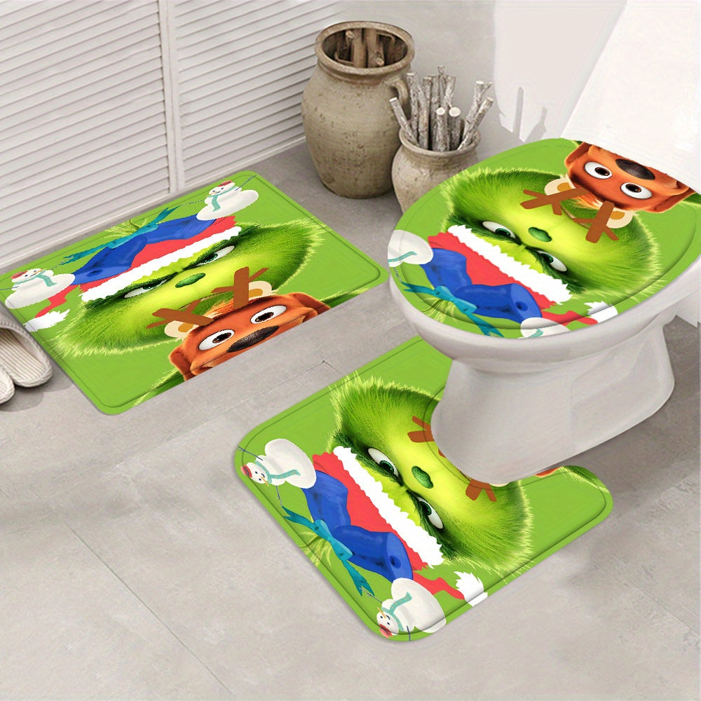 Green-Haired Monster Christmas Bathroom Set with 12 Hooks - Polyester Fiber Outdoor Bathing Set, Waterproof Bath Tub Accessory, Non-Slip Rugs, Toilet Lid Cover & U-Shaped Mat - Universal Fit, Ideal for Home Decor & Seasonal G