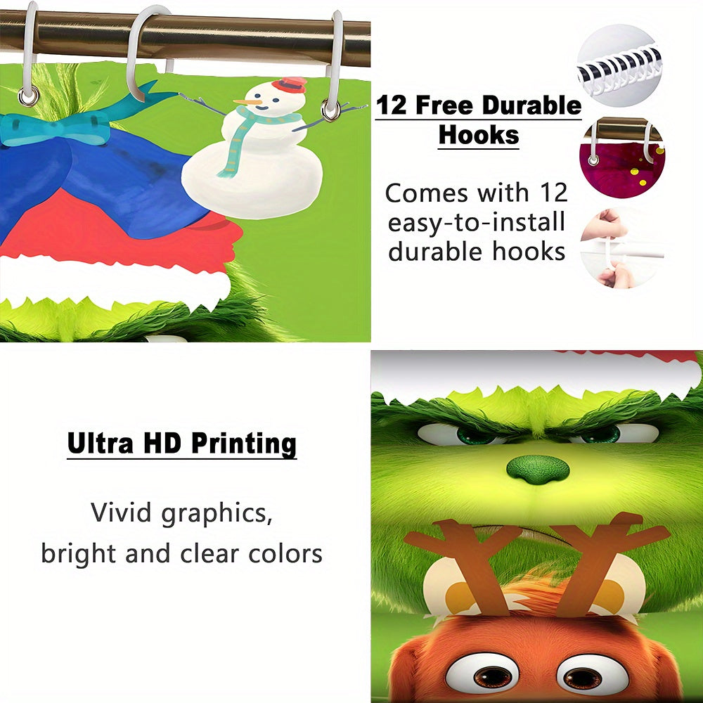Green-Haired Monster Christmas Bathroom Set with 12 Hooks - Polyester Fiber Outdoor Bathing Set, Waterproof Bath Tub Accessory, Non-Slip Rugs, Toilet Lid Cover & U-Shaped Mat - Universal Fit, Ideal for Home Decor & Seasonal G