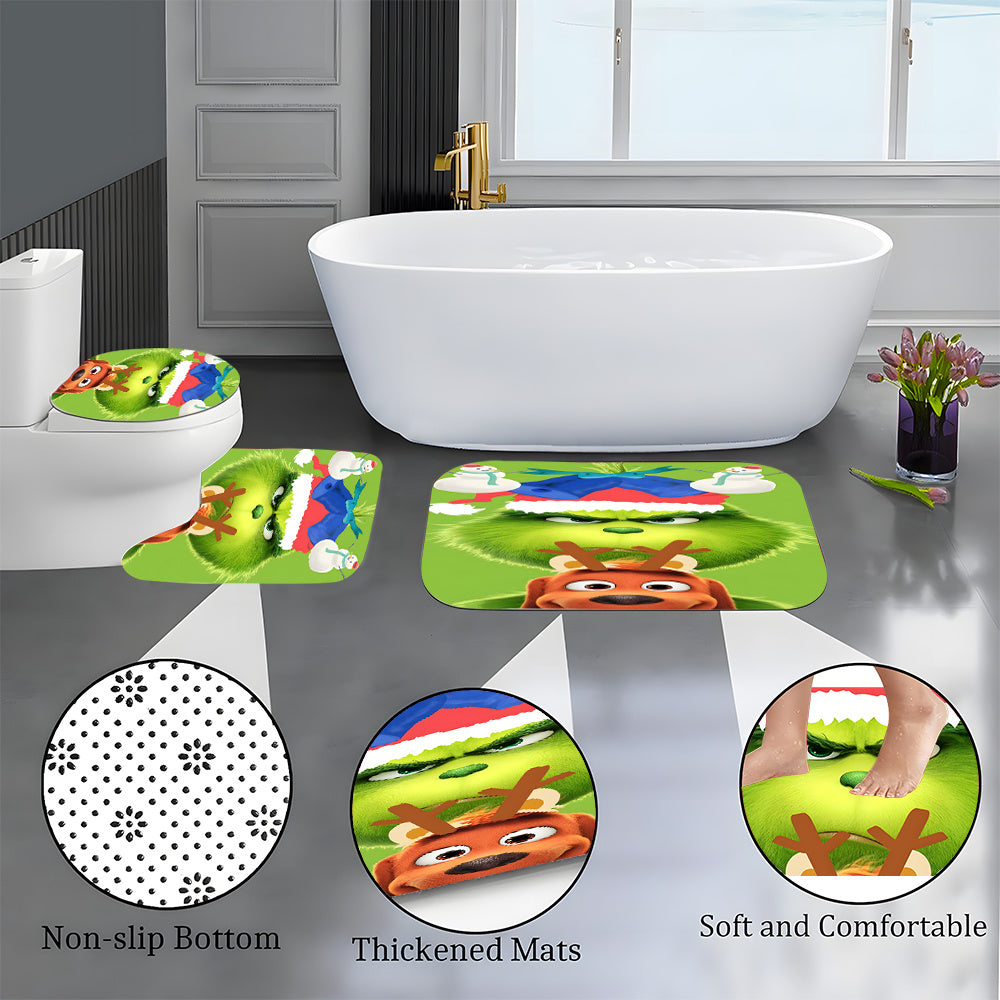 Green-Haired Monster Christmas Bathroom Set with 12 Hooks - Polyester Fiber Outdoor Bathing Set, Waterproof Bath Tub Accessory, Non-Slip Rugs, Toilet Lid Cover & U-Shaped Mat - Universal Fit, Ideal for Home Decor & Seasonal G