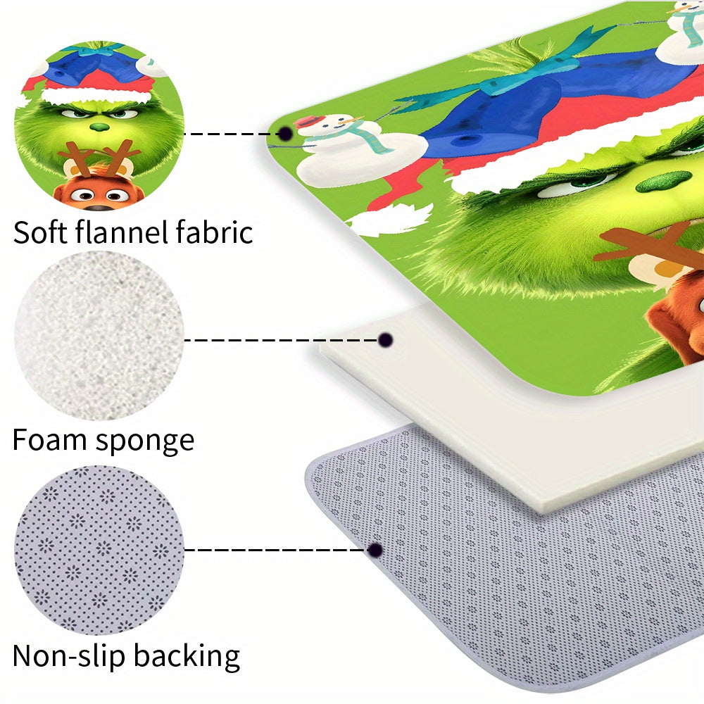 Green-Haired Monster Christmas Bathroom Set with 12 Hooks - Polyester Fiber Outdoor Bathing Set, Waterproof Bath Tub Accessory, Non-Slip Rugs, Toilet Lid Cover & U-Shaped Mat - Universal Fit, Ideal for Home Decor & Seasonal G