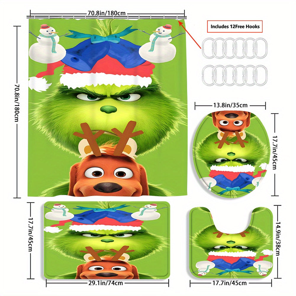 Green-Haired Monster Christmas Bathroom Set with 12 Hooks - Polyester Fiber Outdoor Bathing Set, Waterproof Bath Tub Accessory, Non-Slip Rugs, Toilet Lid Cover & U-Shaped Mat - Universal Fit, Ideal for Home Decor & Seasonal G