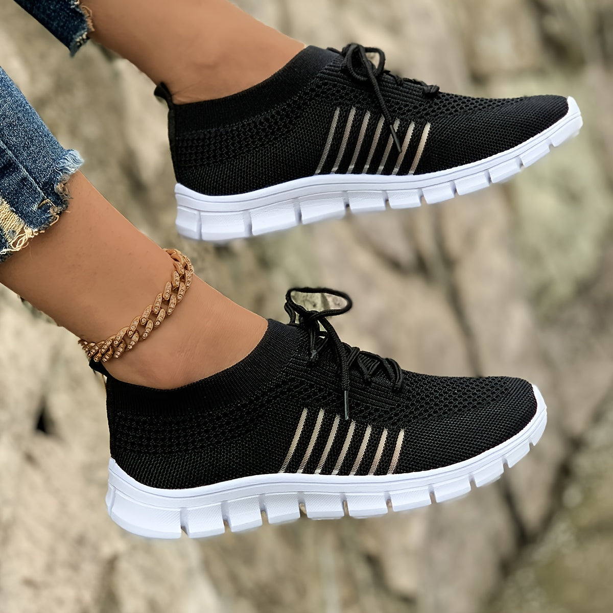Women's Lightweight Knit Sneakers, Breathable Low-Top Lace-Up Casual Running Footwear, Fabric Upper and PU Cover Sole, Vibrant Color Sneakers, Versatile Running Shoes