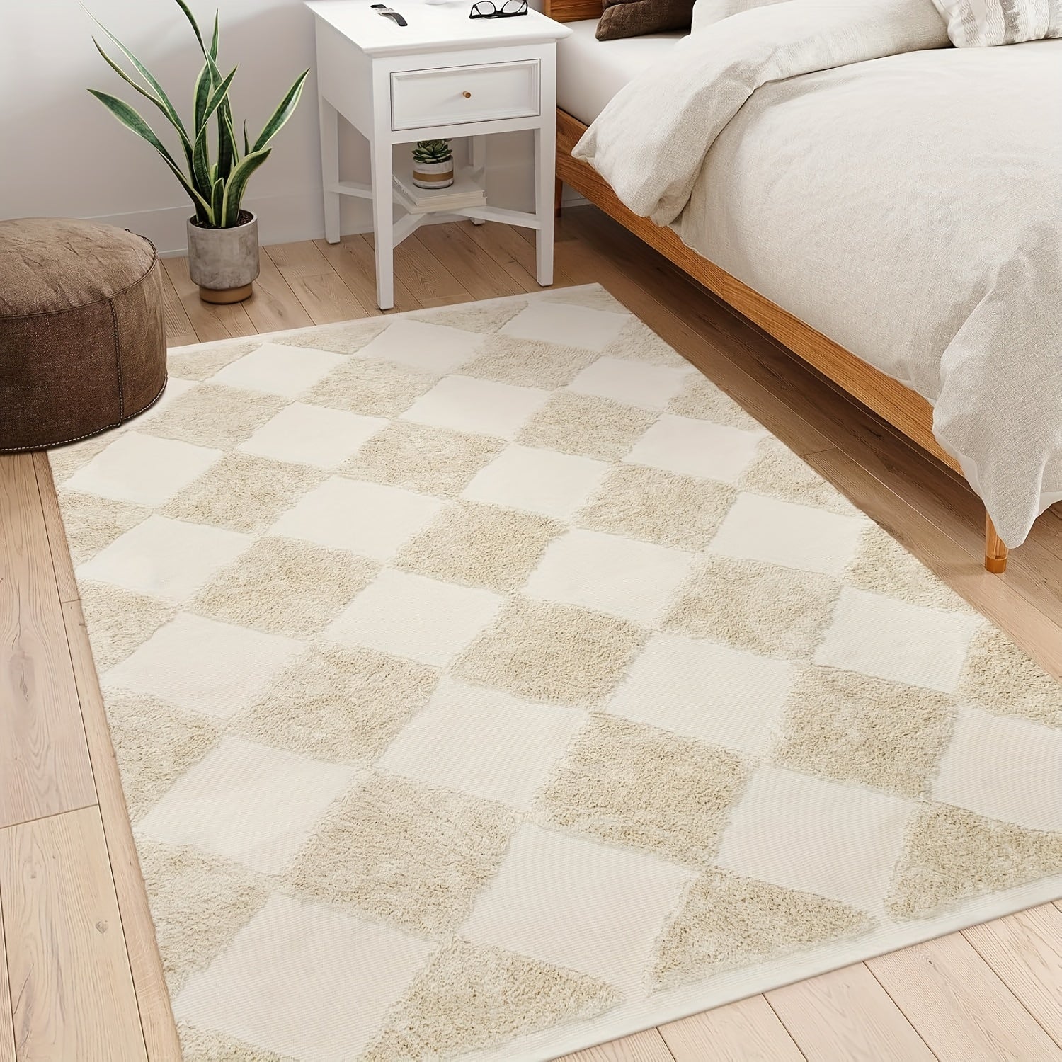 Collive Checkered Boho Bedroom Rugs, Beige Small Bathroom Rug Modern Bath Mat Washable Cotton Woven Accent Rug Tufted Throw Rug, Farmhouse Entryway Door Mat For Kitchen Laundry Room Entrance