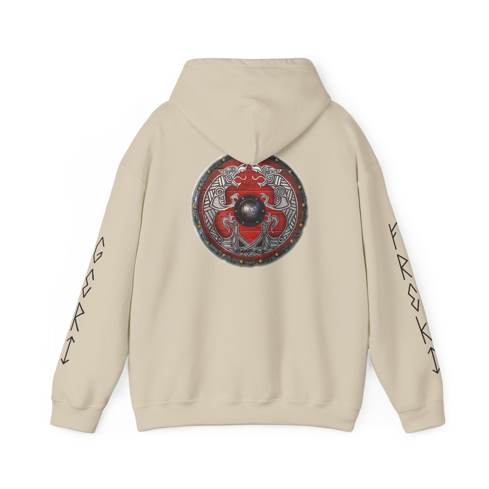 Viking Shield Hoodie — "Let’s Go Avikingri" Norse Rune Sleeve Pullover