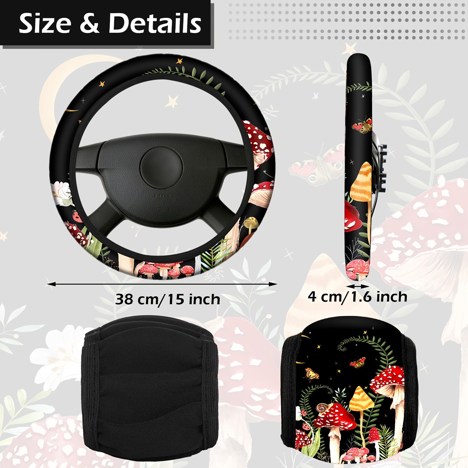 17pcs Mushroom Car Seat Covers Mushroom Car Accessories Full Set for Women Men Automotive Rear Front Seat Protector View Mirror Hanging Ornament Steering Wheel Belt Cover (Forest Mushroom)