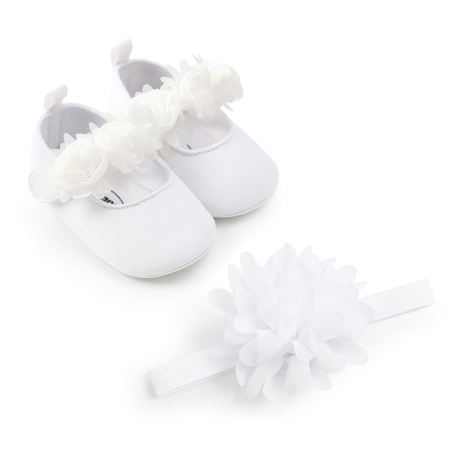 Baby Girls Mary Jane Flat Shoes With Floral Decor & Headband, Princess Wedding Crib Shoes For Infant Newborn First Walkers Prewalkers