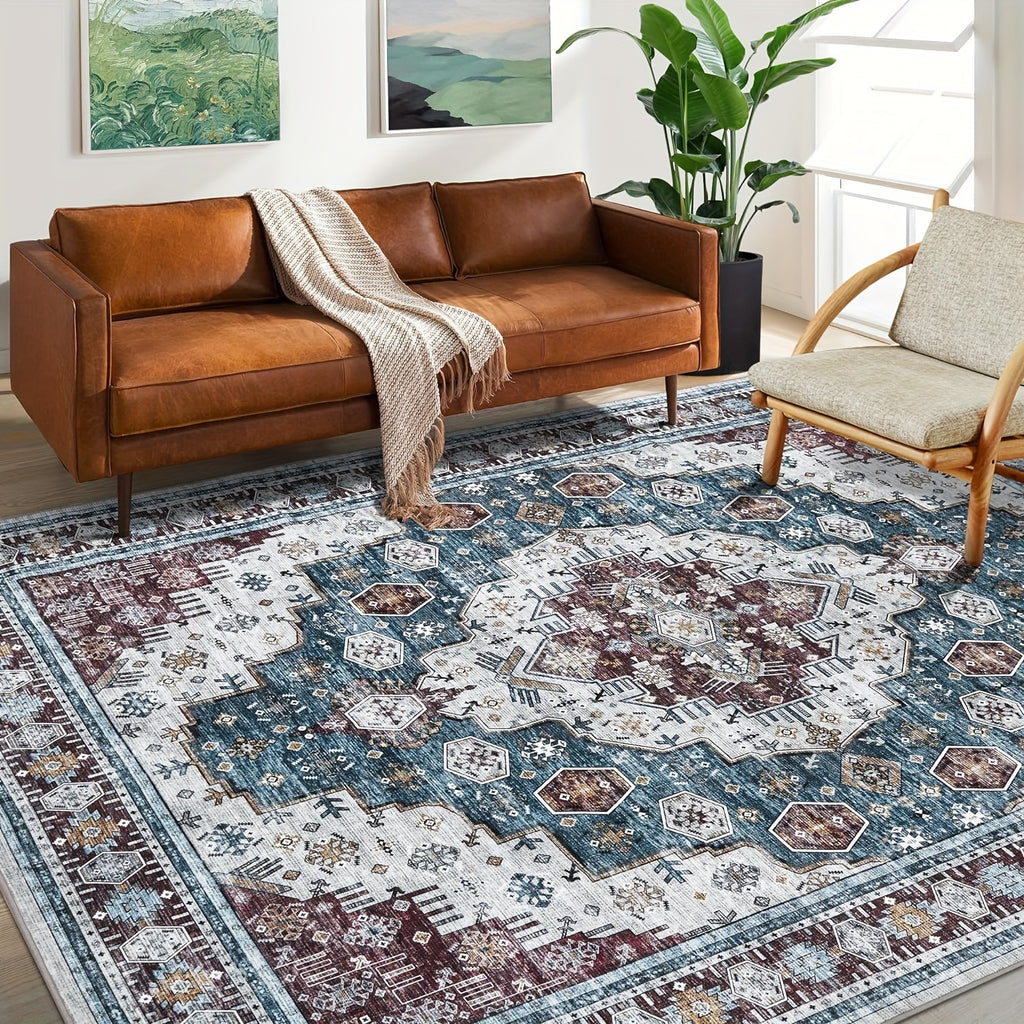 Washable Rug Living Room Rugs: 8x10/9x12 Area Rug Large Boho Medallion Distressed Carpets Indoor Soft Floor Anti Slip Carpet For Under Dining Table Bedroom Farmhouse Home Office - Red/Blue