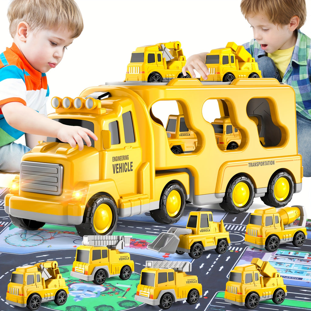 Kids Car Toys, 7 In 1 Construction Car Trucks Playset With Play Mat & Accessories, Birthday Halloween Christmas Gifts For Kids Boys Girls