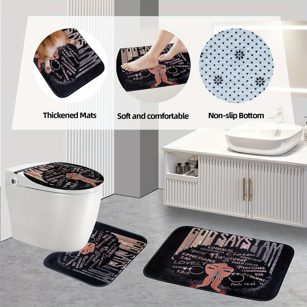 4pcs Sets Rugs Shower Curtain, Black Girl Pattern Shower Curtain With Hooks, Non-Slip Rug, Toilet U-Shape Mat, Toilet Lid Cover Pad
