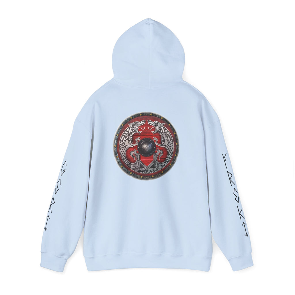 Viking Shield Hoodie — "Let’s Go Avikingri" Norse Rune Sleeve Pullover