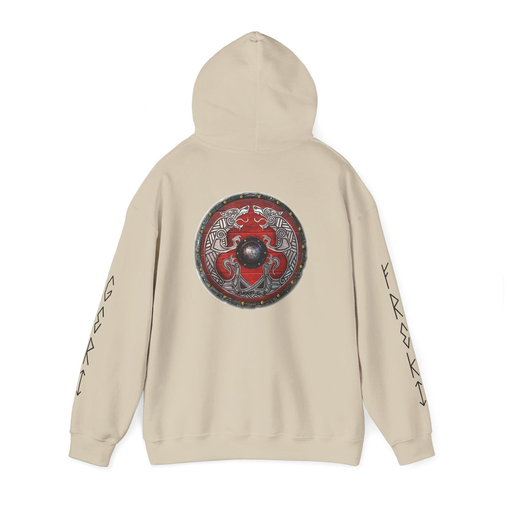 Viking Shield Hoodie — "Let’s Go Avikingri" Norse Rune Sleeve Pullover