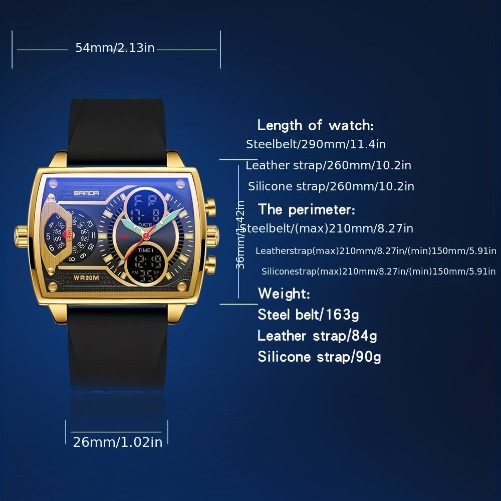 Large Dial Multi Time Zone Men's Watch, Square Dual Display Multifunctional Sports Watch with Dual Time Zone, Date, Alarm, and Stopwatch Functions