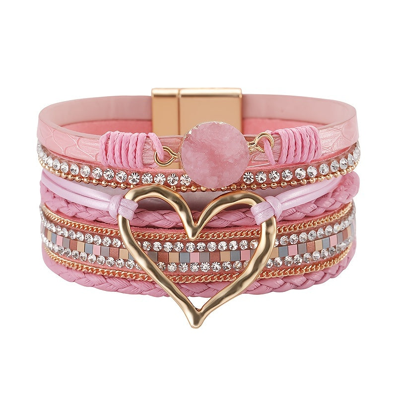 [Boho Chic Heart Bracelet] Boho Chic Multi-Layer PU Leather Magnetic Clasp Bracelet - Black Braided Design & Crystal Accents, Golden-Tone Metal Heart Pendant, Elegant Love Heart