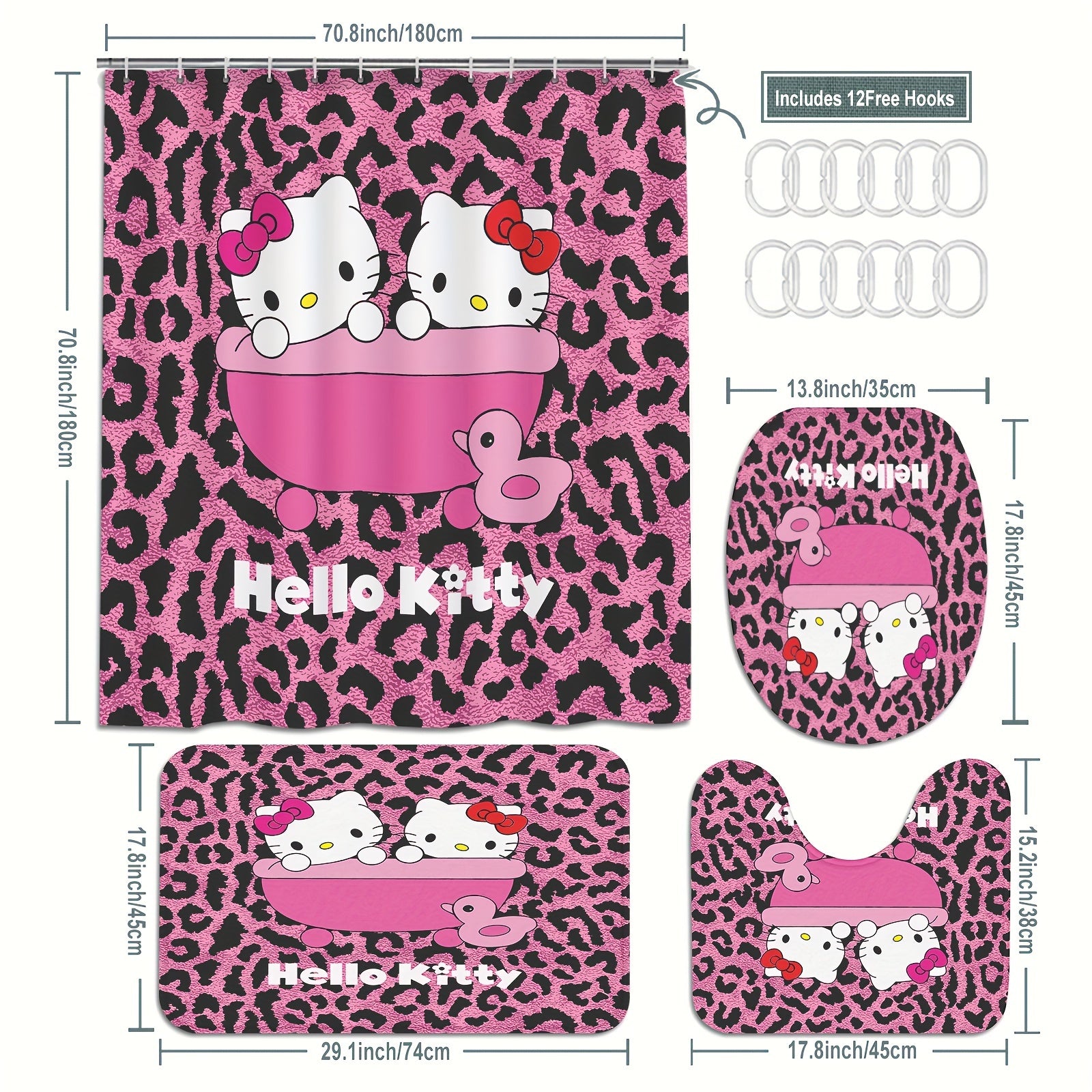 Machine Washable Sanrio Hello Kitty Bathroom Set with Stain Resistant Polyester, Knit Weave Style, Eyelet Hooks, Artsy Animal Theme Decor, Slip-Resistant Rugs and Bath Ensemble