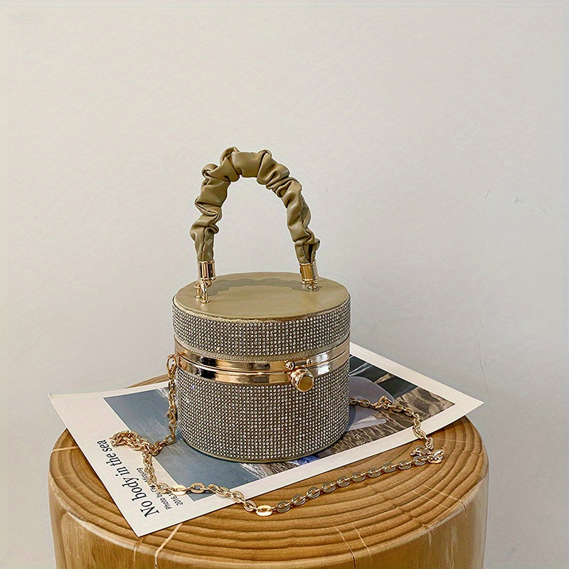 Mini Allover Rhinestone Handbag, Ruched Detail Evening Bucket Bag,