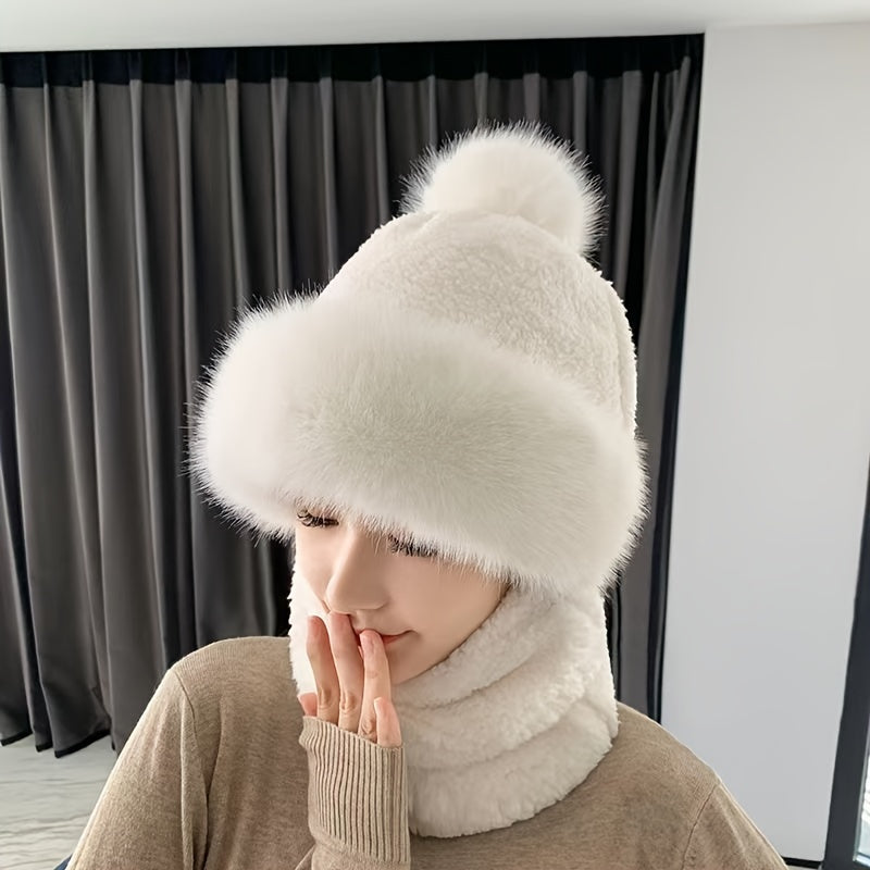 Thermal Warmth Beanie Hat - Soft Pom, Thickened Plush Neck Gaiter, Windproof Hooded Ear Protection, Ski Mask, Cycling Balaclava for Women, Outdoor Winter Sports, Cold Weather Accessories