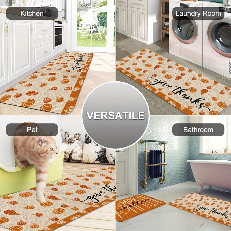 Thanksgiving Pumpkin Kitchen Mat Set (2/3pcs) - Soft, Non-Slip & Stain-Resistant Flannel Rugs for Fall Decor, Perfect for Home & Holiday Parties