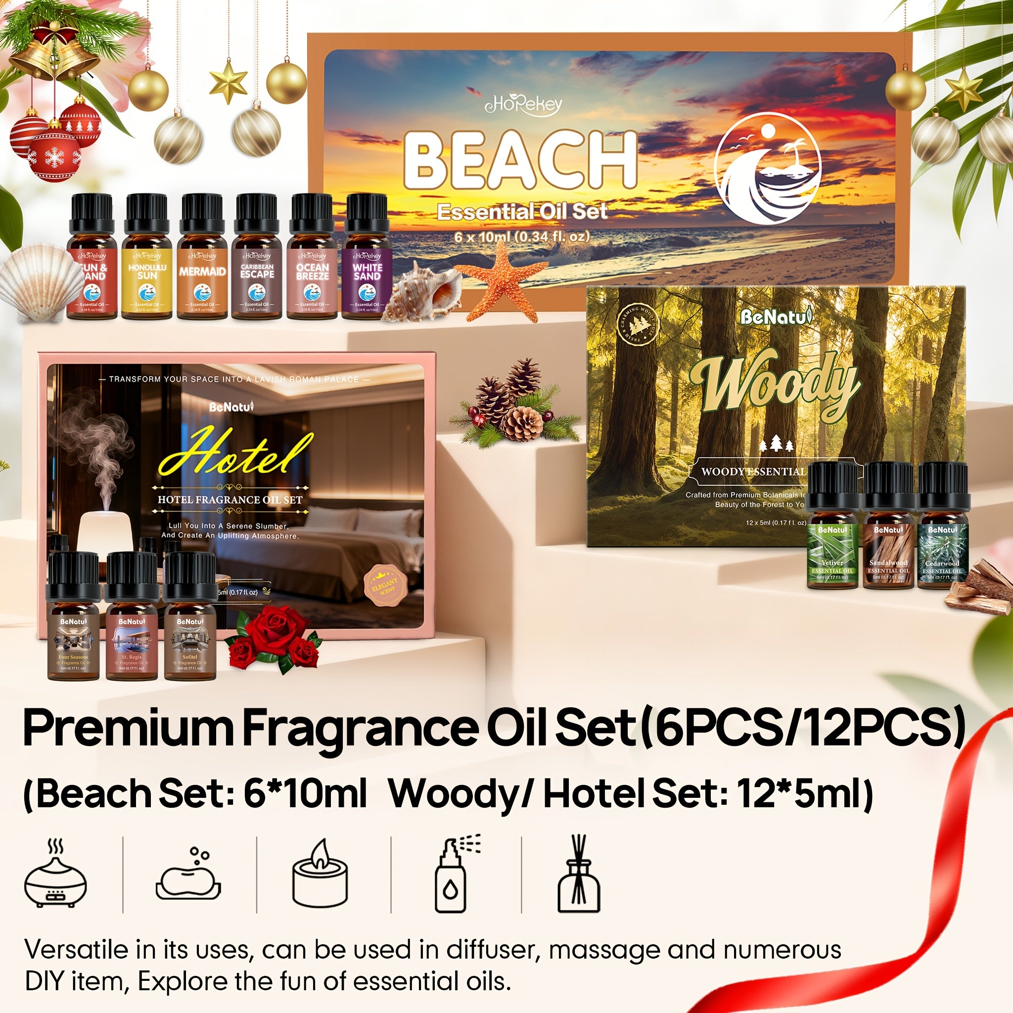 6/12pcs Beach/ Wooden/ Hotel Essential Oil Set - Coconut Tree Shadows, Sunny Beach, Shell, | Sandalwood/ Cedar/ Cypress| for Humidifier, Diffuser, Candles, Car Air Freshener, Soap, Hotel Scents Fragrance Oil - Romantic Valent