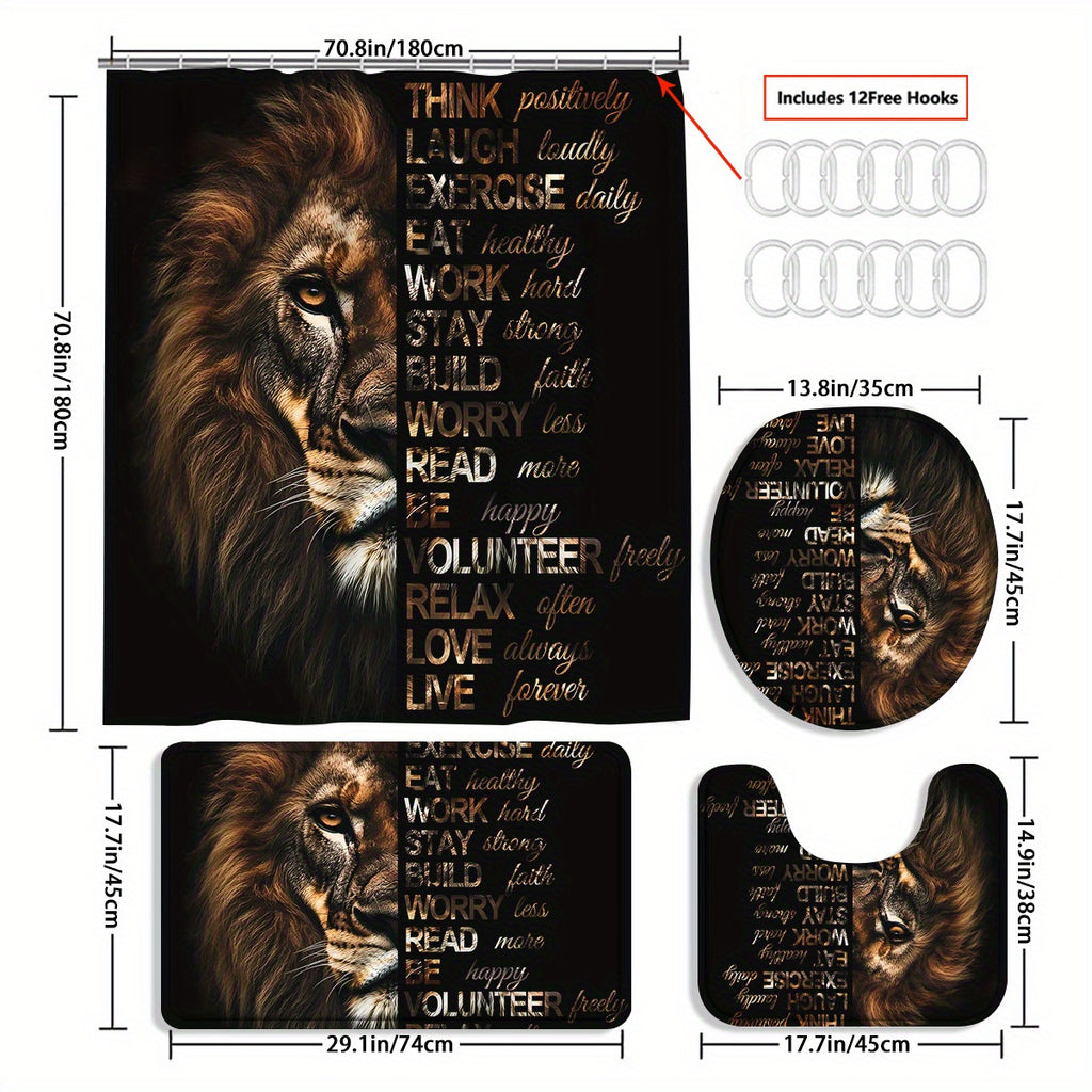 4pcs Powerful Lion Shower Curtain Set, Golden African Safari Animals Masculine Male Cool Bathroom Sets with Shower Curtain and Rugs, Motivational Inspirational Quotes Shower Curtain with Bath Mat Set and 12 Hooks, Shower Curt