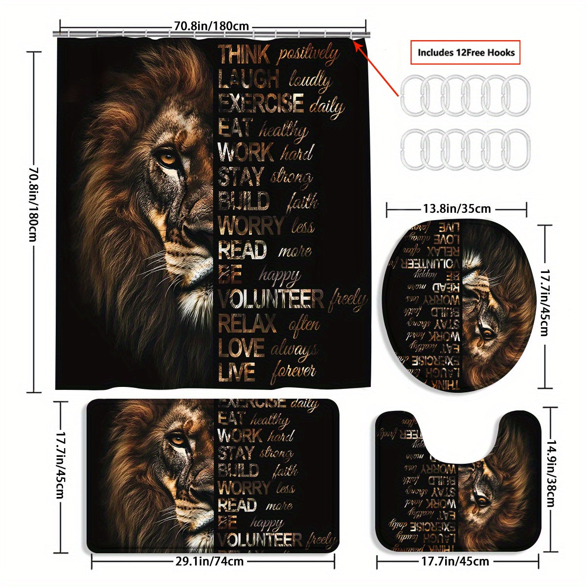 4pcs Powerful Lion Shower Curtain Set, Golden African Safari Animals Masculine Male Cool Bathroom Sets with Shower Curtain and Rugs, Motivational Inspirational Quotes Shower Curtain with Bath Mat Set and 12 Hooks, Shower Curt