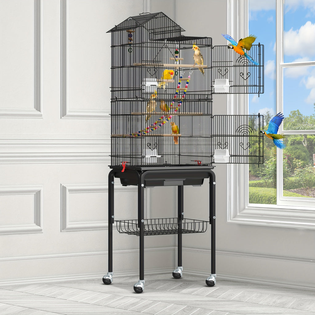 Yarsca 62 inch Metal Bird Cage, Large Parakeet Cages for Parrot, Cockatiel, Lovebird, Pigeon with Roof Top, Rolling Stand and Hanging Toys