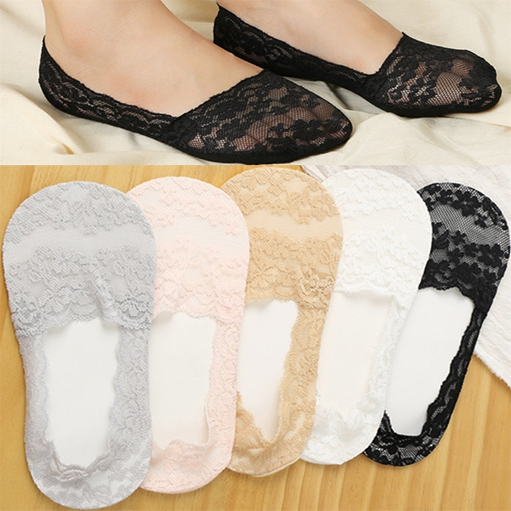 [Breathable Ankle Socks] 5 Pairs Women's Lace Trim No-Show Ankle Socks | Breathable Fabric, Floral & Solid Color Options, Low-Cut Invisible Socks for Casual & Formal Wear