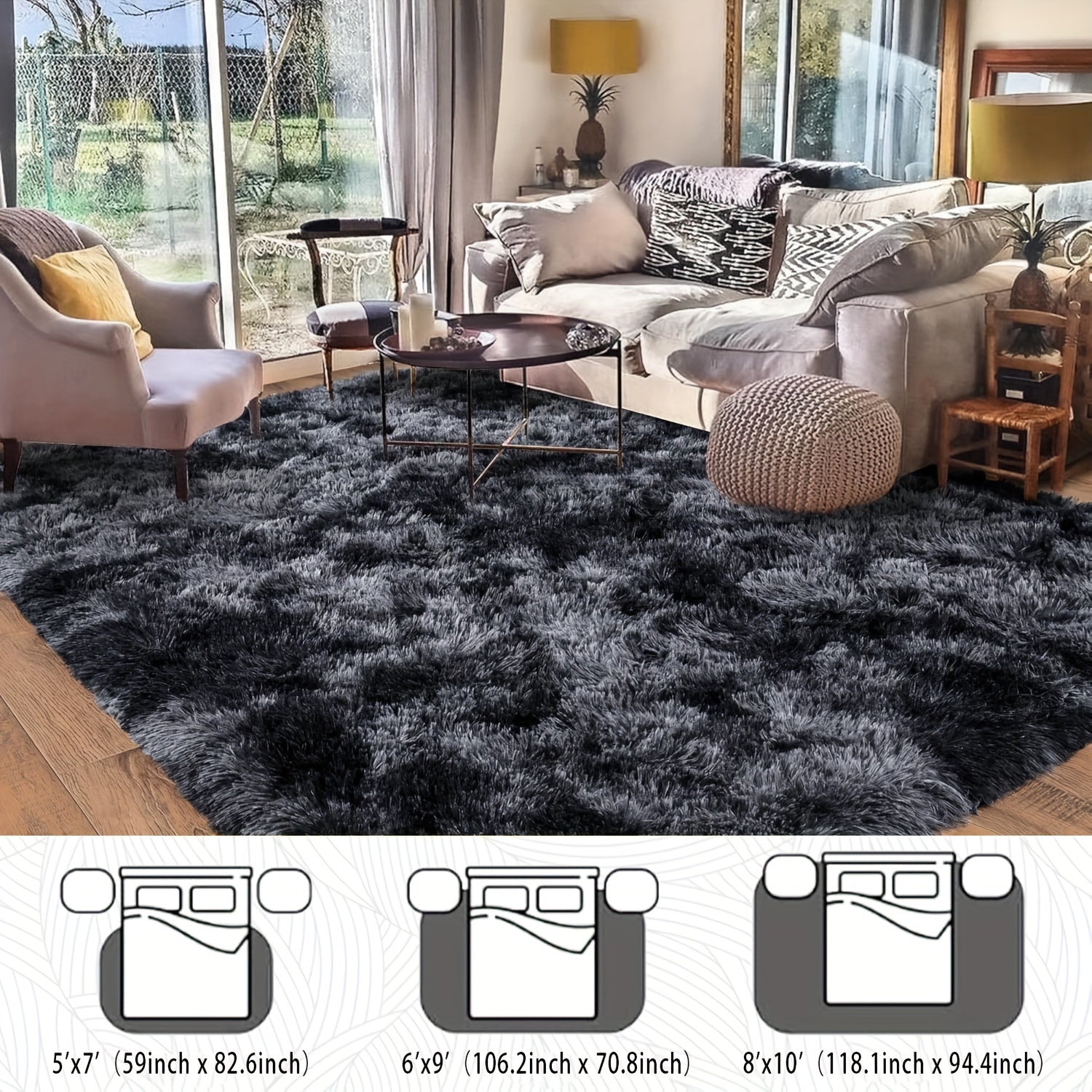 Large Area Rugs For Living Room, Tie-Dyed Shaggy Rug Fluffy Throw Carpets, Ultra Soft Plush Modern Indoor Fuzzy Rugs For Bedroom Home Decor, Tie Dyed-black Gray