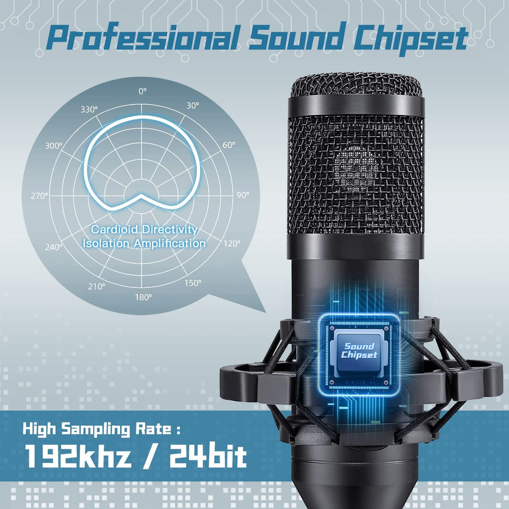 USB Microphone, Professional 192kHz/24Bit Plug & Play PC Computer Condenser Cardioid Mic Kit with Sound Advanced Chipset, for Streaming, Podcast, Studio Recording and Games